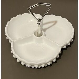 Fenton Milk Glass Hobnail 3 section, Divided Candy/Relish‎ Dish, Center Handle